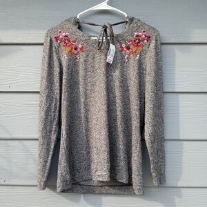 New Women's Christopher & Banks Gray Hoodie Sweater Size Petite Small Flowers